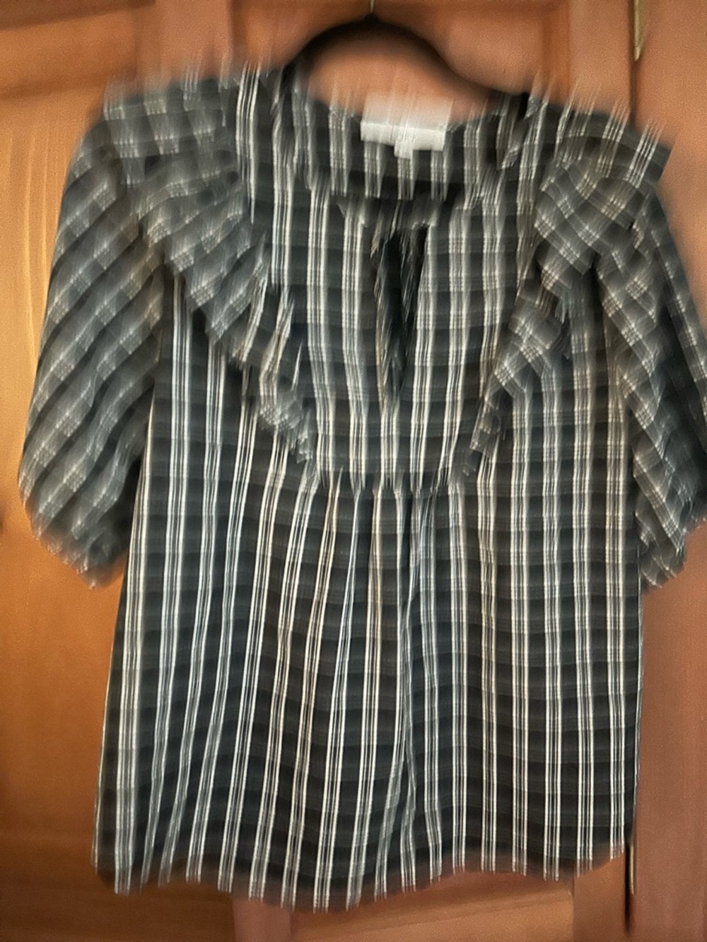 LOFT Black and White Plaid Ruffle Tie-Neck Blouse - Picture 2 of 3